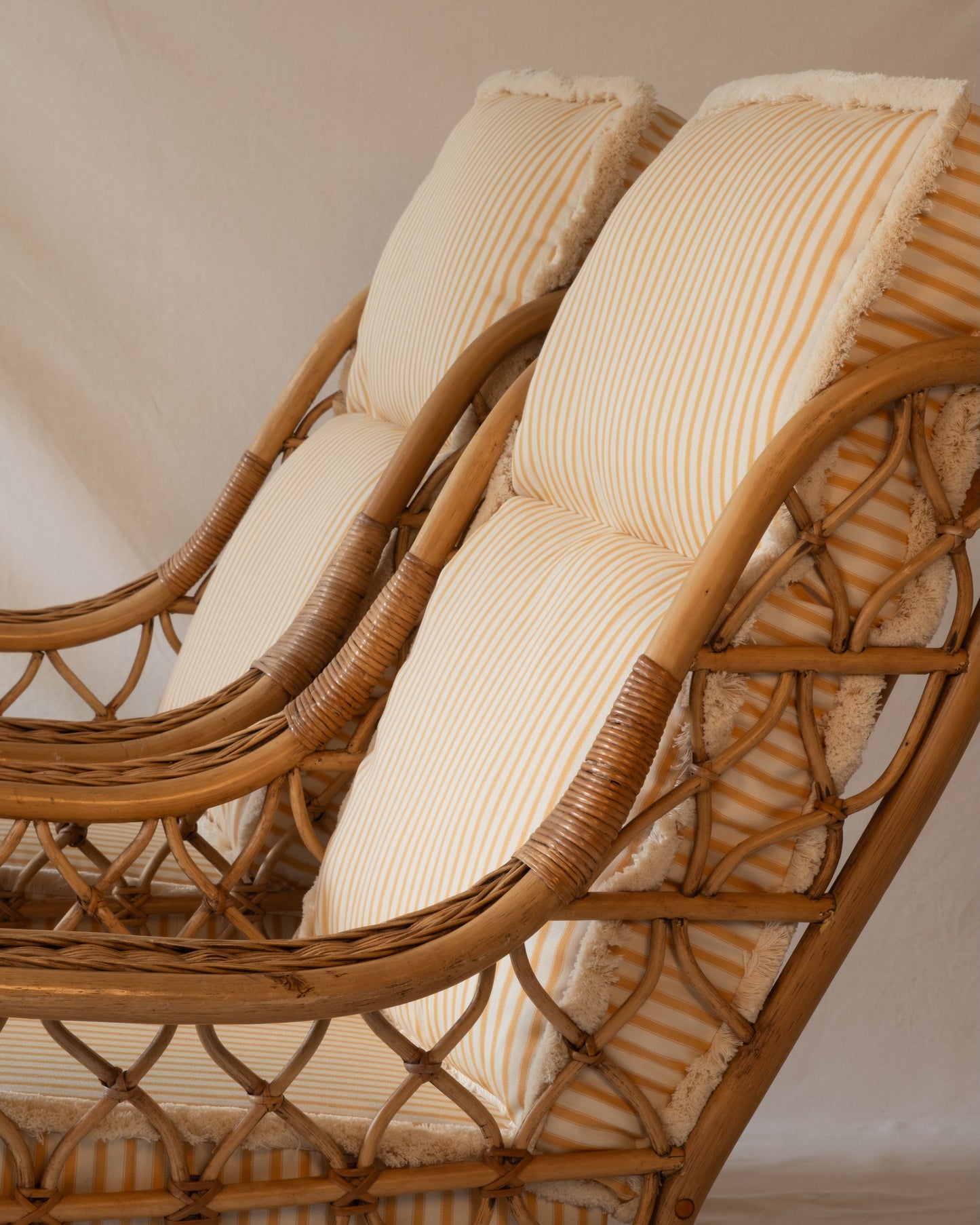 Pair of Vintage Bamboo Lounge Chairs with Striped Cushions