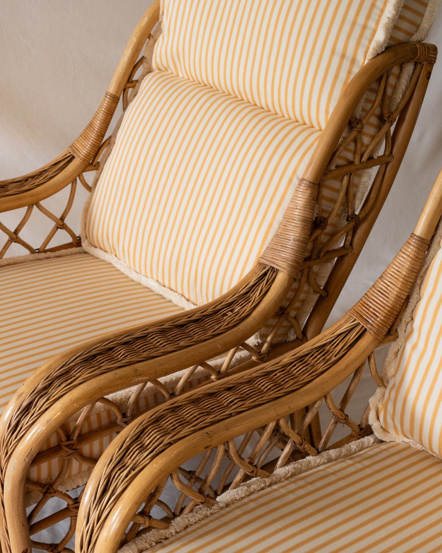 Pair of Vintage Bamboo Lounge Chairs with Striped Cushions