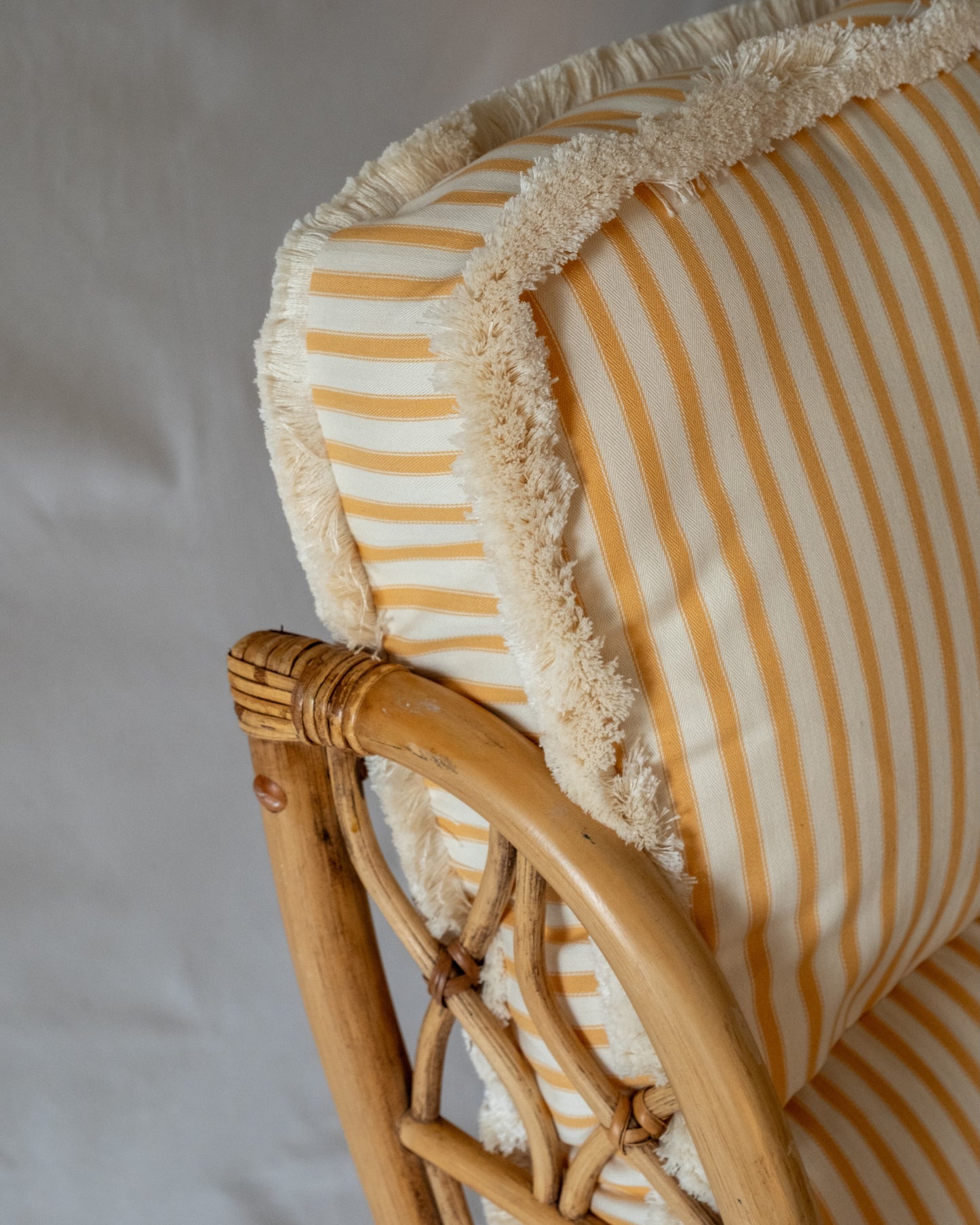 Pair of Vintage Bamboo Lounge Chairs with Striped Cushions