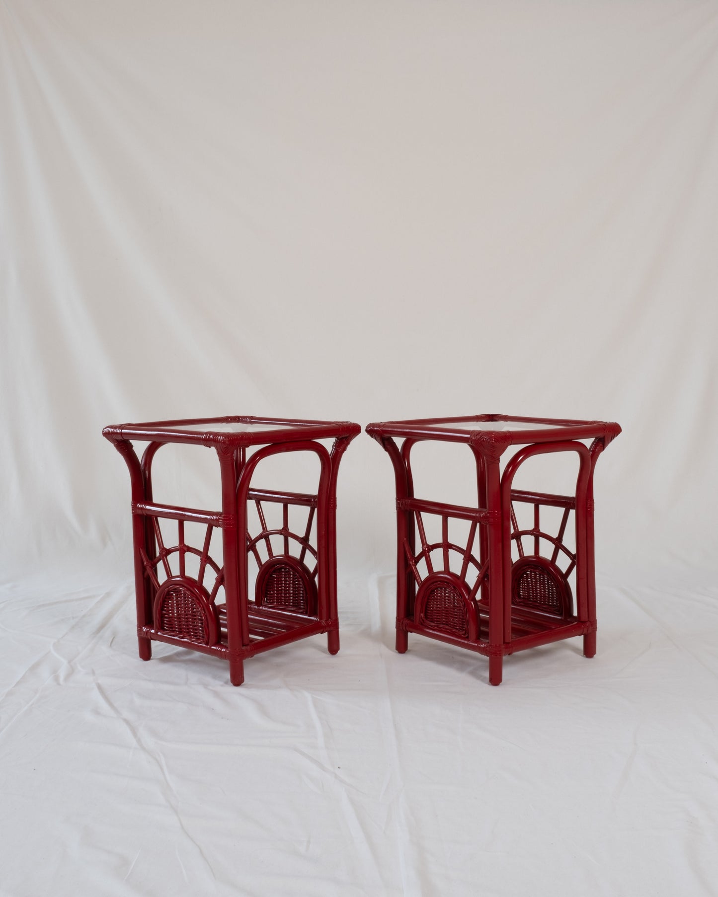 Pair of Vintage Bamboo Side Tables in Geisha Red