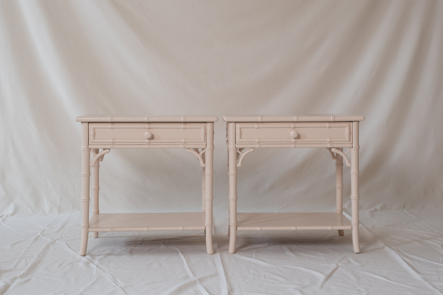 Pair of Vintage Faux Bamboo Bedside Tables in Pink Ground