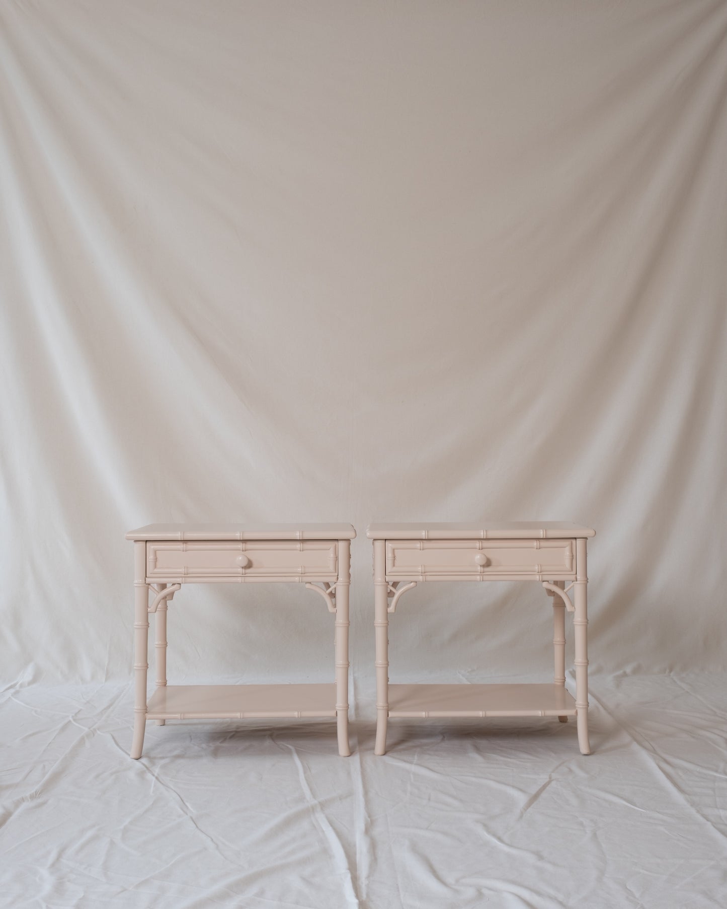 Pair of Vintage Faux Bamboo Bedside Tables in Pink Ground