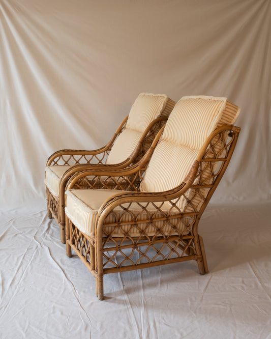 Pair of Vintage Bamboo Lounge Chairs with Striped Cushions