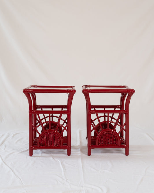 Pair of Vintage Bamboo Side Tables in Geisha Red