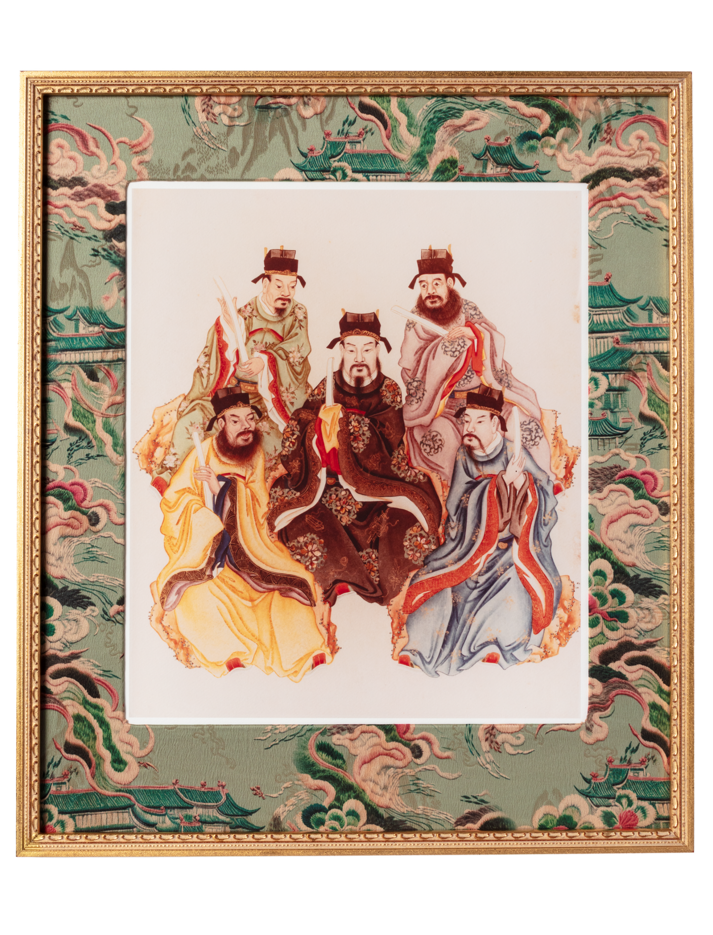 Chinese Portraits in Gilt Frames with Fabric-Covered Mounts