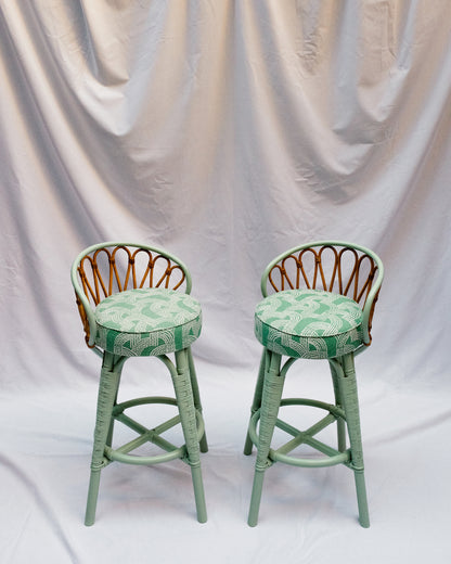 Pair of original "Angraves" cane stools (backed) Green