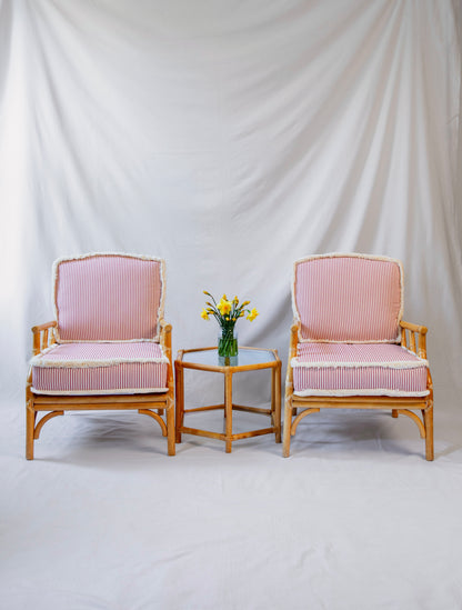 Pair of Vintage Cane Armchairs with Striped Cushions and Side Table (Set)
