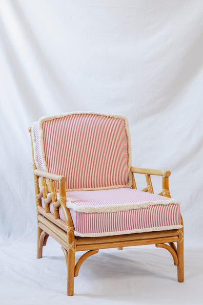 Pair of Vintage Cane Armchairs with Striped Cushions and Side Table (Set)