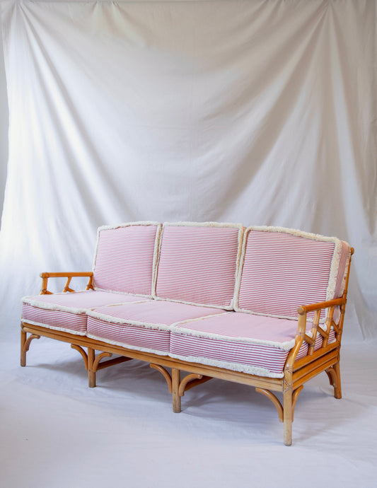 Vintage Cane Sofa with Striped Cushions