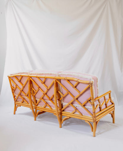 Vintage Cane Sofa with Striped Cushions