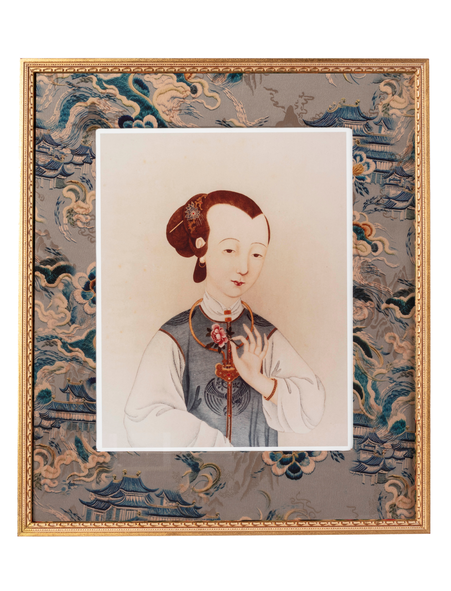 Chinese Portraits in Gilt Frames with Fabric-Covered Mounts