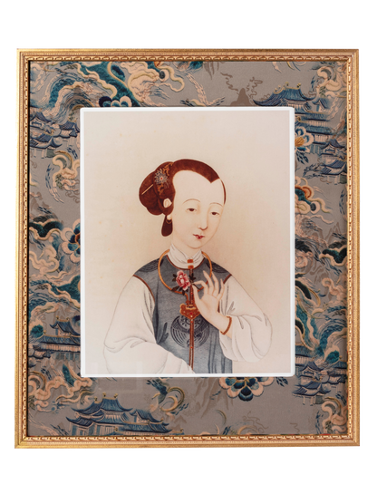 Chinese Portraits in Gilt Frames with Fabric-Covered Mounts