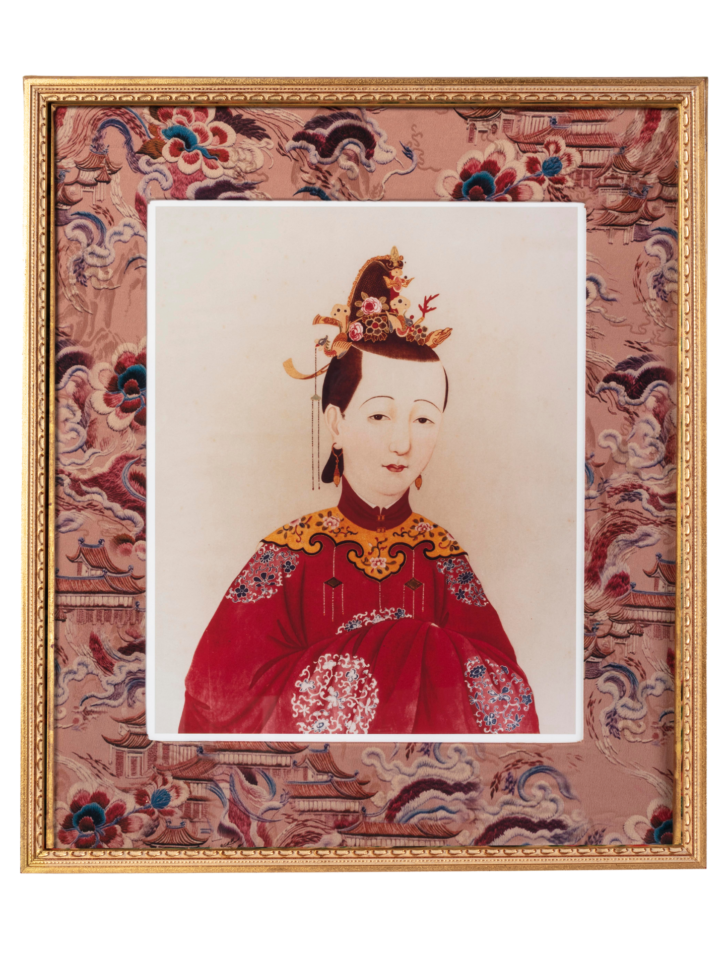 Chinese Portraits in Gilt Frames with Fabric-Covered Mounts