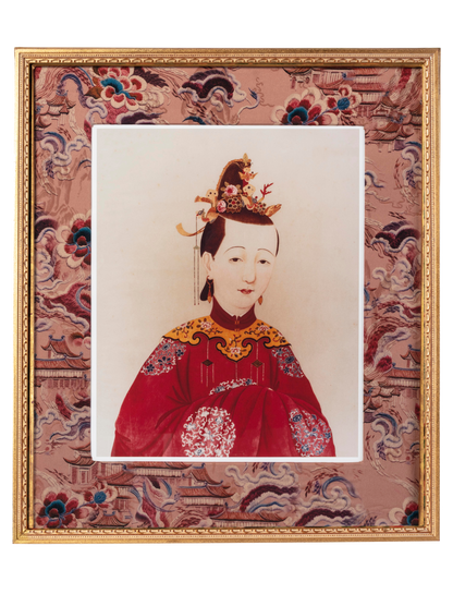 Chinese Portraits in Gilt Frames with Fabric-Covered Mounts